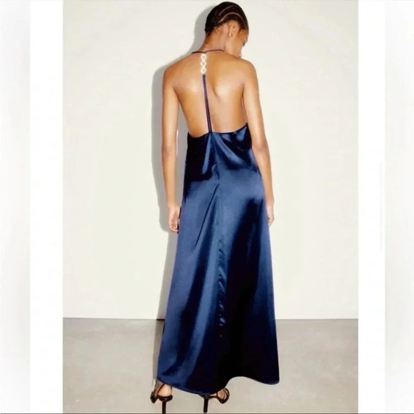 Zara blue back jewel strap satin midi dress - Picture 5 of 11